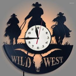 Horloges murales rétro Art Record horloge Western télécommande LED Cowboy décoration de la maison cadeau