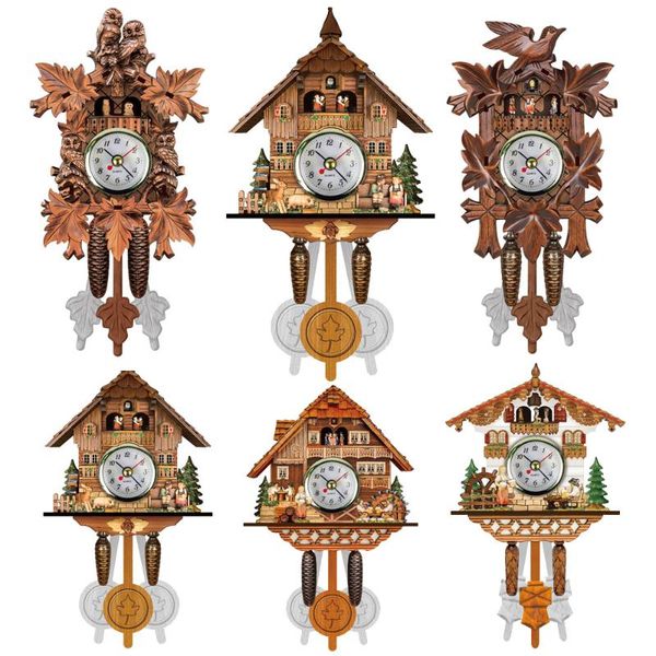 Relojes de pared Retro Cuco Reloj Chime Decorativo 3D Casa de madera Artesanía con colgante Dormitorio Alarma Temporizador Decoración