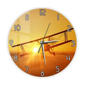 Horloges murales Style rétro vieux biplan hélice avion horloge pour salle d'attente coucher de soleil paysage avion historique montre pilote moderne