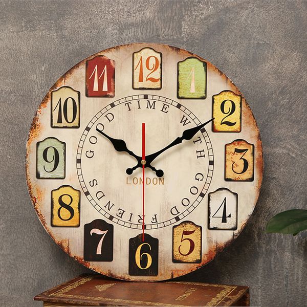 Horloges murales rétro horloge murale en bois 12 pouces grande salle à manger restaurant café horloges décoratives antiques pointeur silencieux sans tic-tac pour cadeau 230718