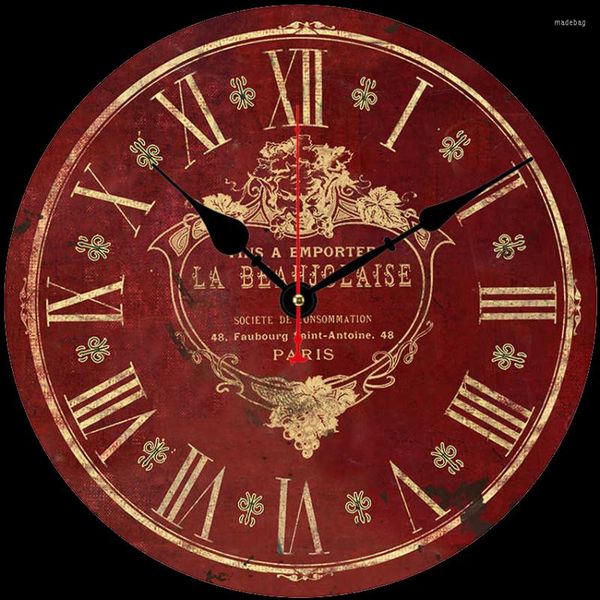 Relojes de pared RIHE, números romanos rojos, cartón de madera decorativo silencioso para sala de estar, reloj con números arábigos
