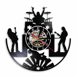 Wall Clocks Rock Band Music Group Clock Modern Design Led Night Light Drummer Guitarist Record Reloj Pared