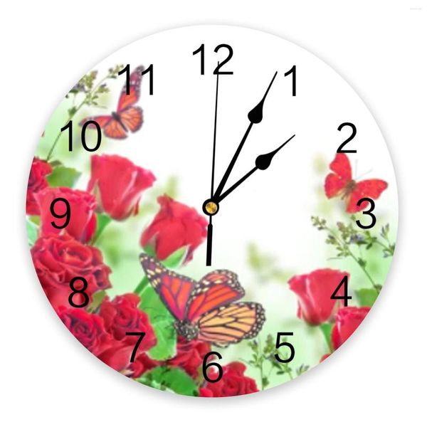 Horloges murales Rose papillon fleur rouge PVC horloge numérique Design moderne salon décor grande montre muet suspendu