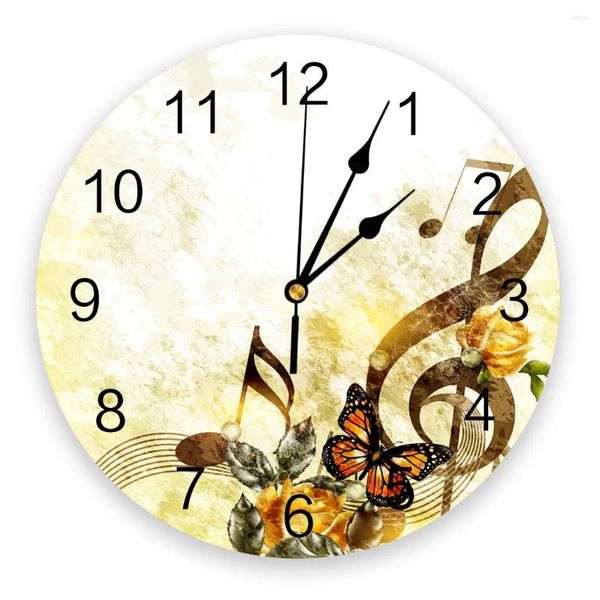 Horloges murales Rose Fleur Note Musique Papillon Horloge ronde Suspendue Temps silencieux Maison Intérieur Chambre Salon Bureau Décor