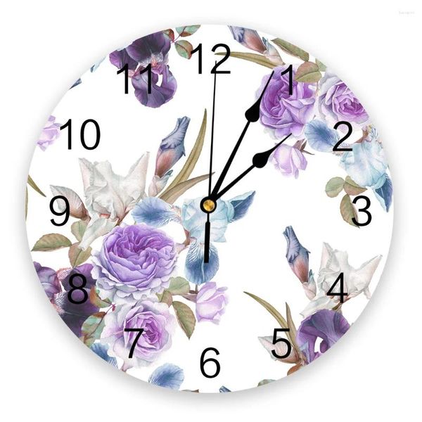 Horloges murales Rose Fleur Violet Iris Horloge Design Moderne Salon Décoration Cuisine Art Montre Décor À La Maison