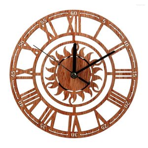 Horloges murales Horloge ronde moderne en bois suspendu roman en forme de soleil avec chiffre romain pour magasin de bureau à domicile