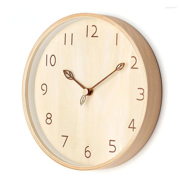 Horloges murales rondes en bois massif horloge Design nordique minimaliste calme salon Restaurant cuisine décor créatif feuille pointeur