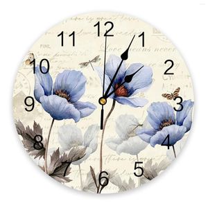 Horloges murales rustique Vintage bleu fleur libellule papillon horloge Design moderne salon décoration cuisine silencieux décor à la maison
