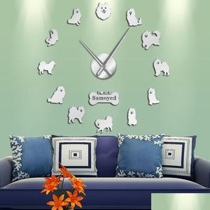 Wandklokken Samojeed Hondenras Portret Diy Grote Wandklok Frameloze Puppy Huisdier Acryl Spiegel Oppervlak Sticker Mute Horloge Home drop Deli Dhlib