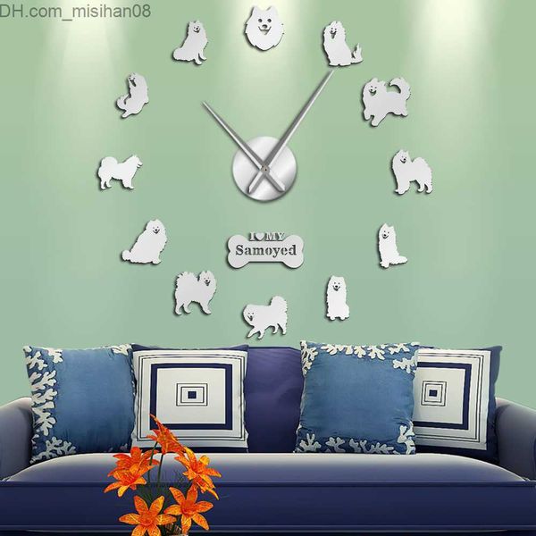 Relojes de pared Retrato de raza de perro samoyedo DIY GRANDE Reloj de pared Sin marco Cachorro Mascota Acrílico Espejo Superficie Etiqueta de la pared Mudo Reloj de pared Decoración para el hogar 210309 Z230706