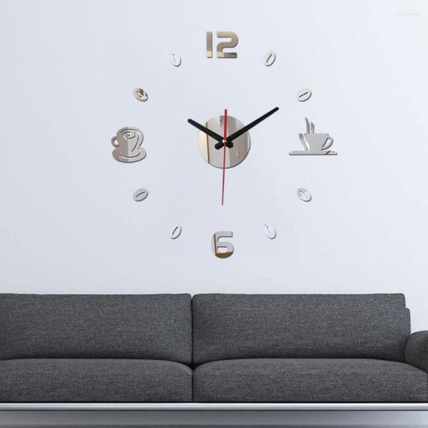 Horloges murales auto-adhésives cuisine 3D analogique maison étanche Art muet moderne miroir café décor tasses bricolage acrylique horloge B8V7