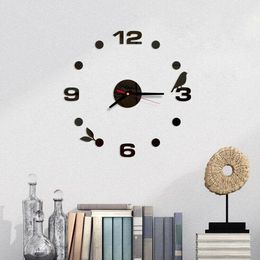 Relojes de pared PVC autoadhesivo fijado con números romanos 3D DIY, pegatina de espejo acrílico de pájaro bonito, reloj para sala de estar en casa, silencioso