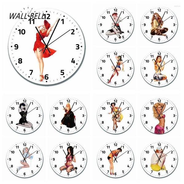 Horloges murales Sexy fille horloge en bois Beaty Pin Up montre décorative filles chambre salon décor cadeau décoration de la maison WB018