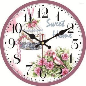 Wandklokken Shabby Chic Clock Pink Bloem Silent Home Office Café Keuken Bar Decor Saat Vintage grote kunst Geen tikkend geluid