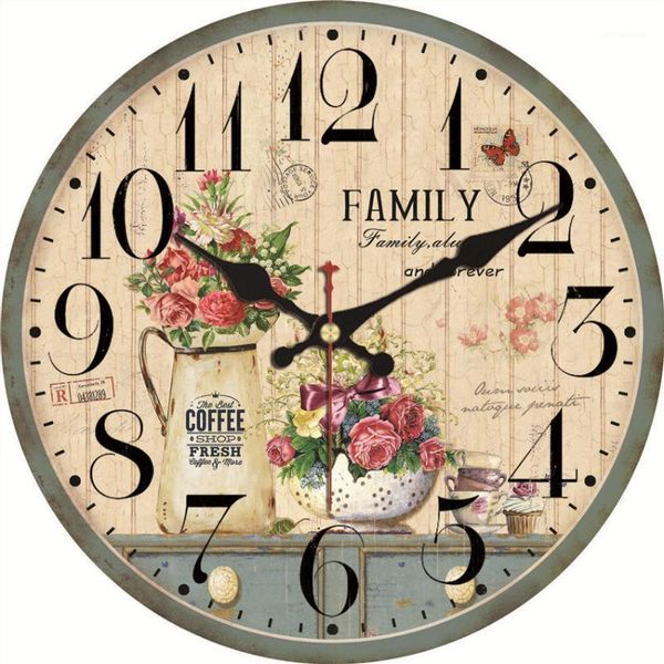 Horloges murales Shabby Chic Plante en pot Fleur Décor à la maison pour la cuisine Montres de vie silencieuses Accessoires Art Vintage Grandes horloges1