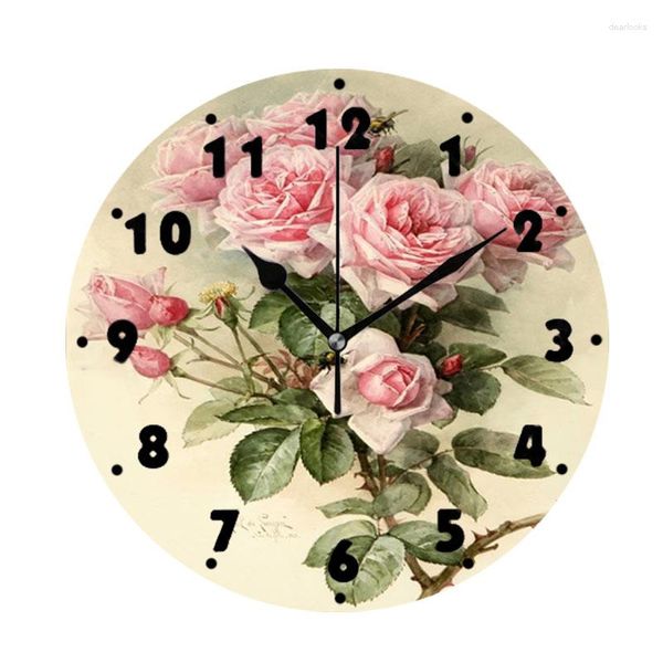 Horloges murales Shabby victorien Roses Floral horloge élégante pour salon Vintage français Chic décoratif rond grande montre décor à la maison