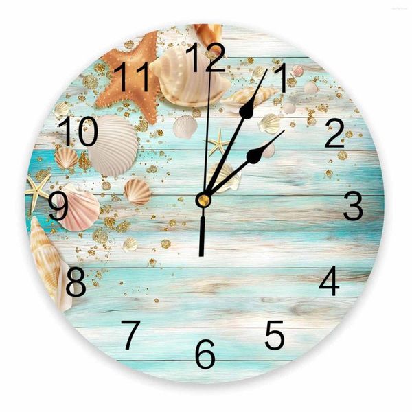 Relojes de pared conchas de estrellas de mar, vallas, tableros de madera de verano, reloj impreso, moderno, silencioso, decoración del hogar, reloj colgante