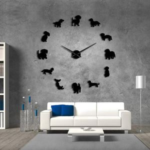 Wandklokken Stille Acryl Mirror Grote decoratieve klokstickers Modern ontwerp voor woonkamer Bekijk zwarte horloge creatieve dogswall klokken