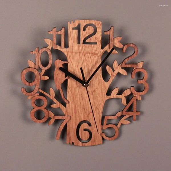 Horloges murales Horloge suspendue silencieuse Design moderne Forme d'arbre en bois DIY Bureau rond Salon Décor à la maison
