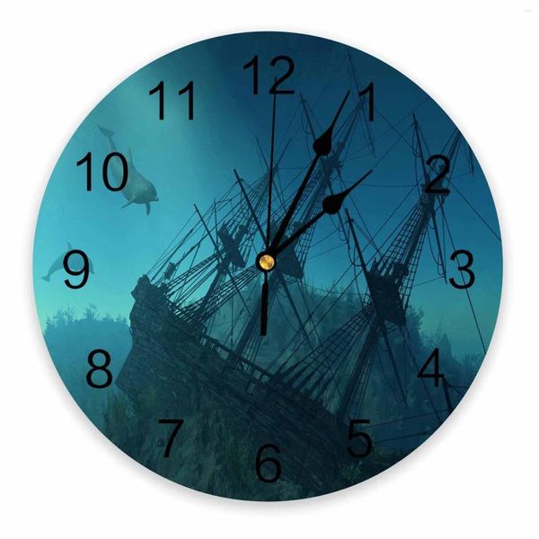 Relojes de pared Barco hundido Delfín Decreno Decorativo Diseño de reloj redondo Diseño personalizado No titulando dormitorios silenciosos grandes