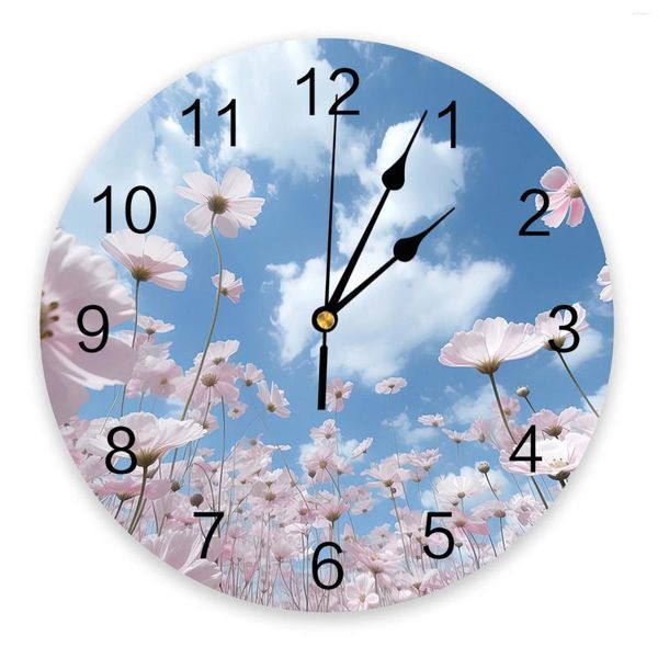 Horloges murales Ciel Nuages ​​blancs Boutons de fleurs Horloge imprimée Moderne Silencieux Salon Décor à la maison Montre suspendue