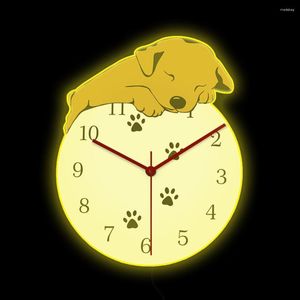 Horloges murales dormir dessin animé chien LED horloge éclairée pour pépinière enfant chambre chiot prendre un cliché décor à la maison lampe de chevet lumineuse