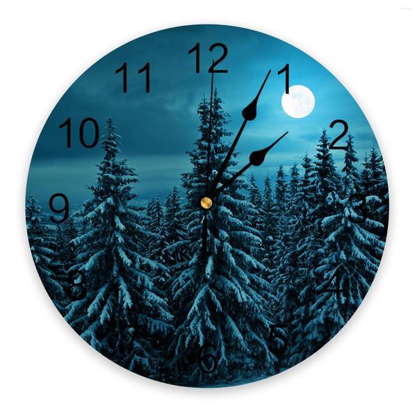 Relojes de pared Escena de nieve Noche Bosque Luna Reloj Diseño moderno Sala de estar Decoración Cocina Silencio Decoración del hogar