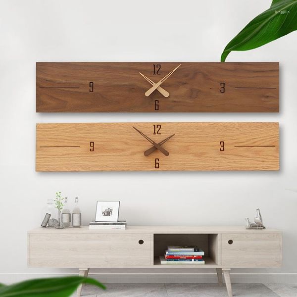 Relojes de pared, reloj Rectangular de madera maciza, minimalista nórdico, moderno, Horizontal, silencioso, decoración para sala de estar y dormitorio