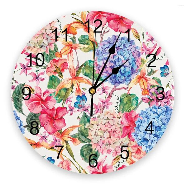 Relojes de pared Reloj redondo con estampado de hortensias y flores de primavera, reloj redondo silencioso sin tictac para decoración del hogar, regalo