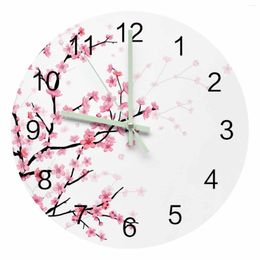 Wandklokken Lente Roze Bloem Kersenbloesem Witte Lichtgevende Wijzer Klok Thuis Ornamenten Ronde Stille Woonkamer Decor