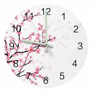Horloges murales printemps fleur rose fleur de cerisier blanc pointeur lumineux horloge maison ornements rond silencieux salon décor