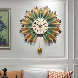 Relojes de pared elegante silencioso reloj de lujo dormitorio péndulo Pavo Real arte sala de estar reloj Metal europeo Chambre decoración