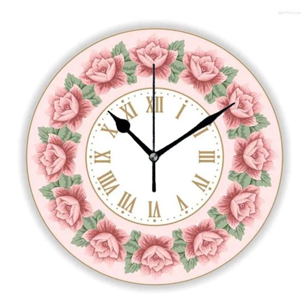 Horloges murales Élégant Victorien Pêche Rose Rose Floral Horloge Pour Salon Chic Français Vintage Fleur Cuisine Chambre Montre Décor