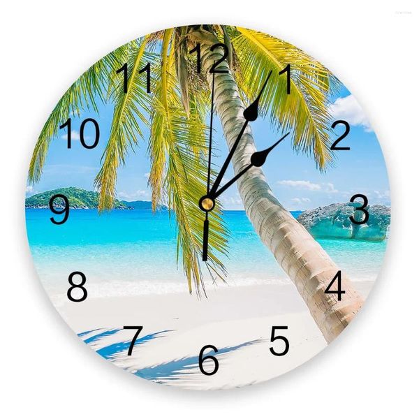 Relojes de pared Paisaje de playa de verano Palmeras Arrecife Nubes Silencioso Hogar Café Oficina Decoración para cocina grande