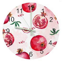 Relojes de pared fruta de verano granada roja acuarela puntero luminoso reloj adornos para el hogar redondo silencioso decoración para sala de estar