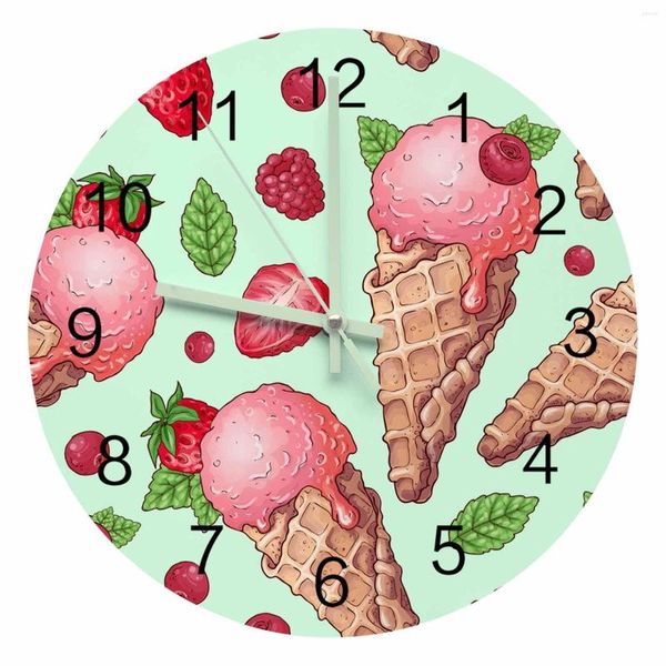 Relojes de pared verano helado fruta fresa puntero luminoso reloj adornos para el hogar redondo silencioso sala de estar decoración de oficina