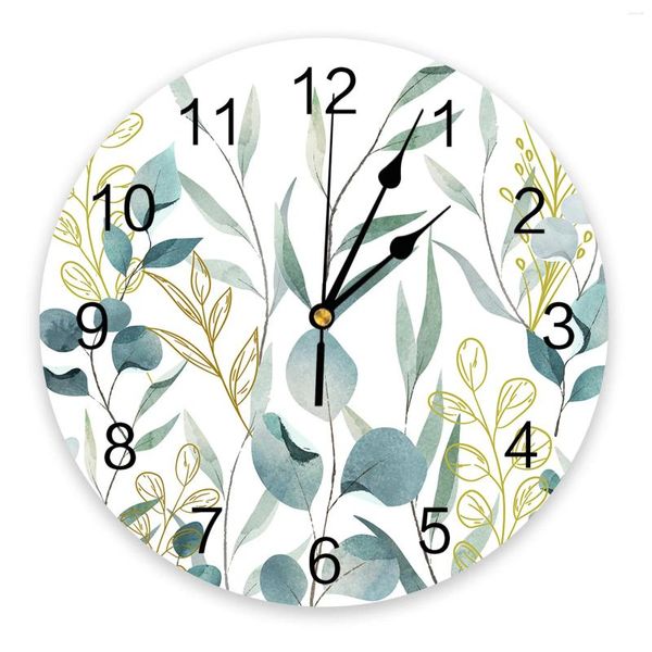 Horloges murales Plante d'été Feuille verte Lignes d'aquarelle Horloge imprimée Moderne Silencieux Salon Décor à la maison Montre suspendue