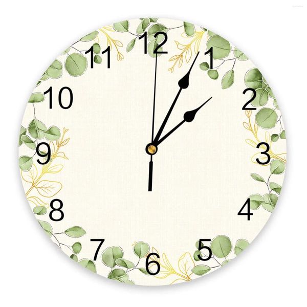 Relojes de pared verano acuarela verde hojas de eucalipto reloj grande comedor restaurante cafetería decoración redonda decoración del hogar