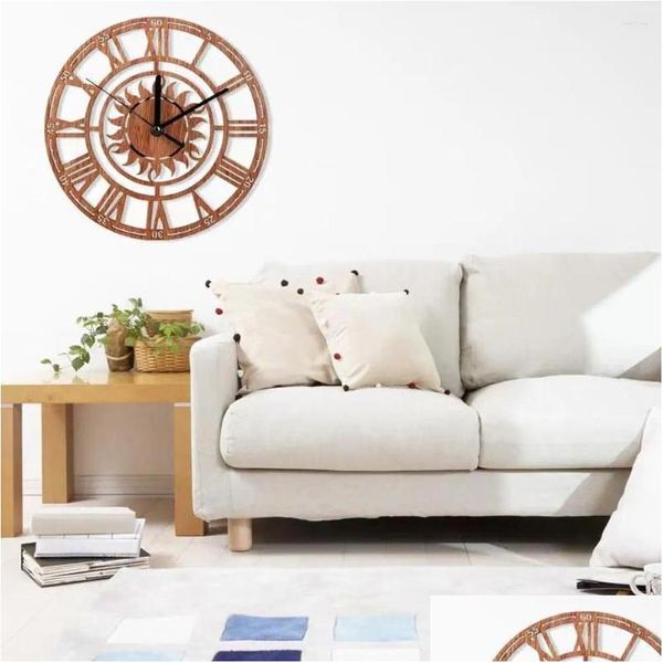 Horloges murales Horloge en bois en forme de soleil Vintage chiffre romain créatif maison chambre décoration numérique X0B0 livraison directe décor de jardin otsxg