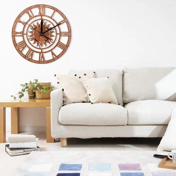Horloges murales horloge en bois en forme de soleil Vintage chiffre romain créatif maison chambre décoration numérique X0B0
