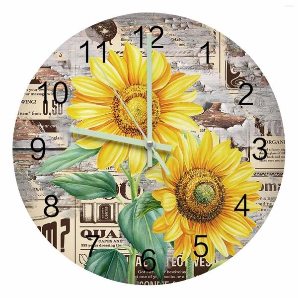 Horloges murales tournesol aquarelle Grain de bois rétro Spaper plante pointeur lumineux horloge maison ornements rond salon décor