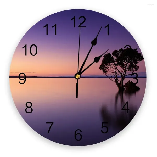 Horloges murales Coucher de soleil Arbre Eau Silhouette Horloge Design moderne Ferme Décor Cuisine Vintage PVC Rond Salon Décoration