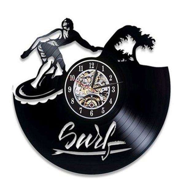 Horloges murales Surf Vintage Vinyl Record Clock Surf Up Summer Beach Time Silhouette 3D autocollants suspendus montre décor à la maison 220930