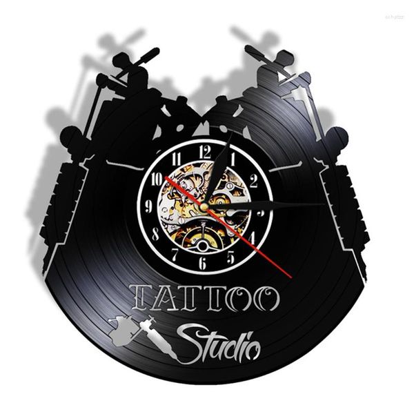 Relojes de pared Tattoo Studio Logo Business Sign Vintage Record Clock Salón Inauguración Hanging Silent Watch Tattooist Gift