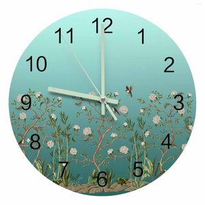 Horloges murales sarcelle dégradé fleur plante oiseau pointeur lumineux horloge maison ornements rond silencieux salon bureau décor