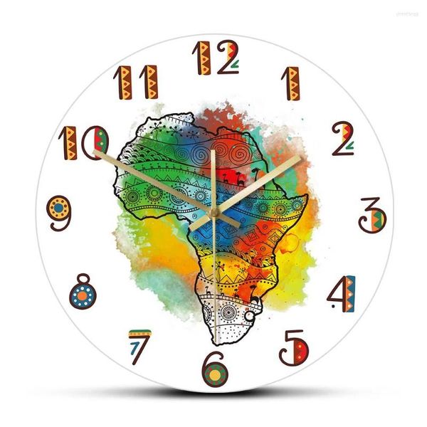 Horloges murales carte texturée de l'afrique horloge Design moderne silencieux sans tic-tac montre tatouage Tribal coloré Art africain décor