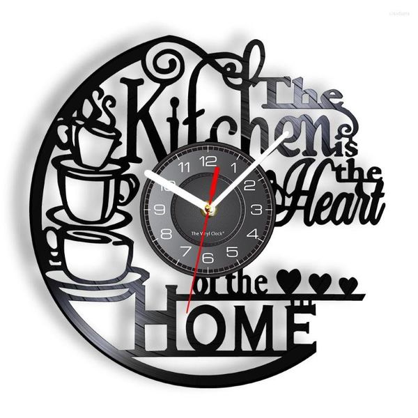 Horloges murales La cuisine est le cœur de la maison Citation Record Horloge pour salle à manger Noir Artisanat Cadeau