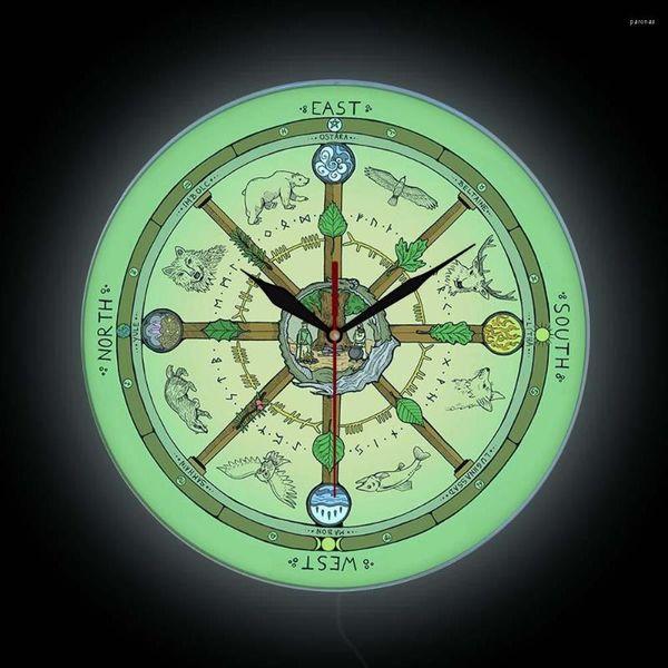 Horloges murales la roue de l'année calendrier Wicca horloge imprimée lueur dans l'obscurité Festivals païens veilleuse lumineuse décor de forêt