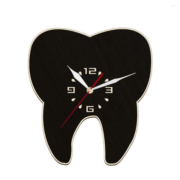 Horloges murales horloge en bois découpée au Laser en forme de dent pour décor de bureau de clinique dentaire oeuvre de dentisterie montre silencieuse cadeau de dentiste