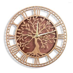 Horloges murales Arbre de vie Horloge en bois Style de ferme Art familial Silencieux Décor à la maison Laser Cut Montre Cadeau de pendaison de crémaillère